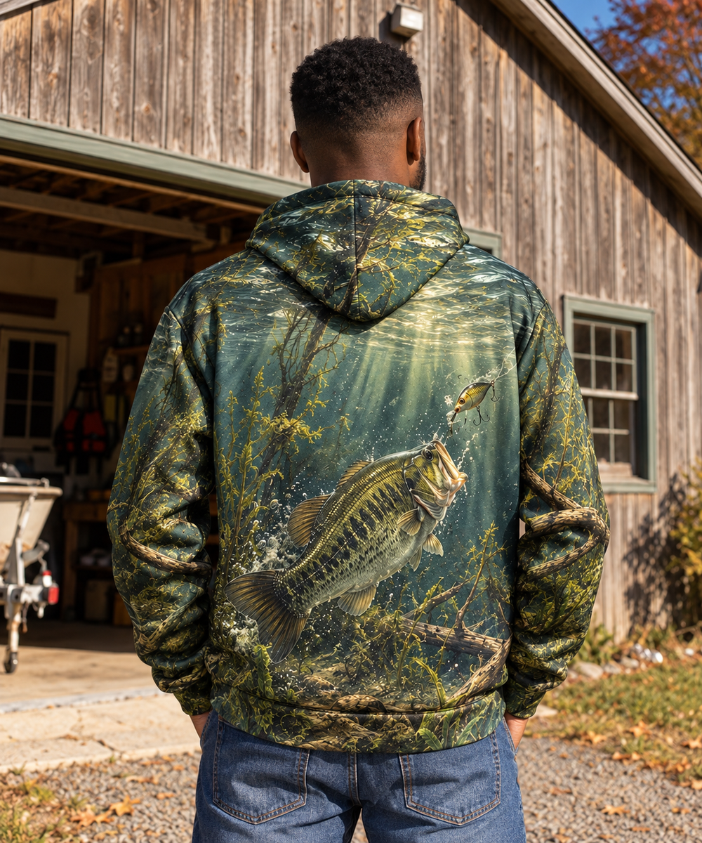 The Tug Is The Drug — Underwater Bass All-Over Print Hoodie — front