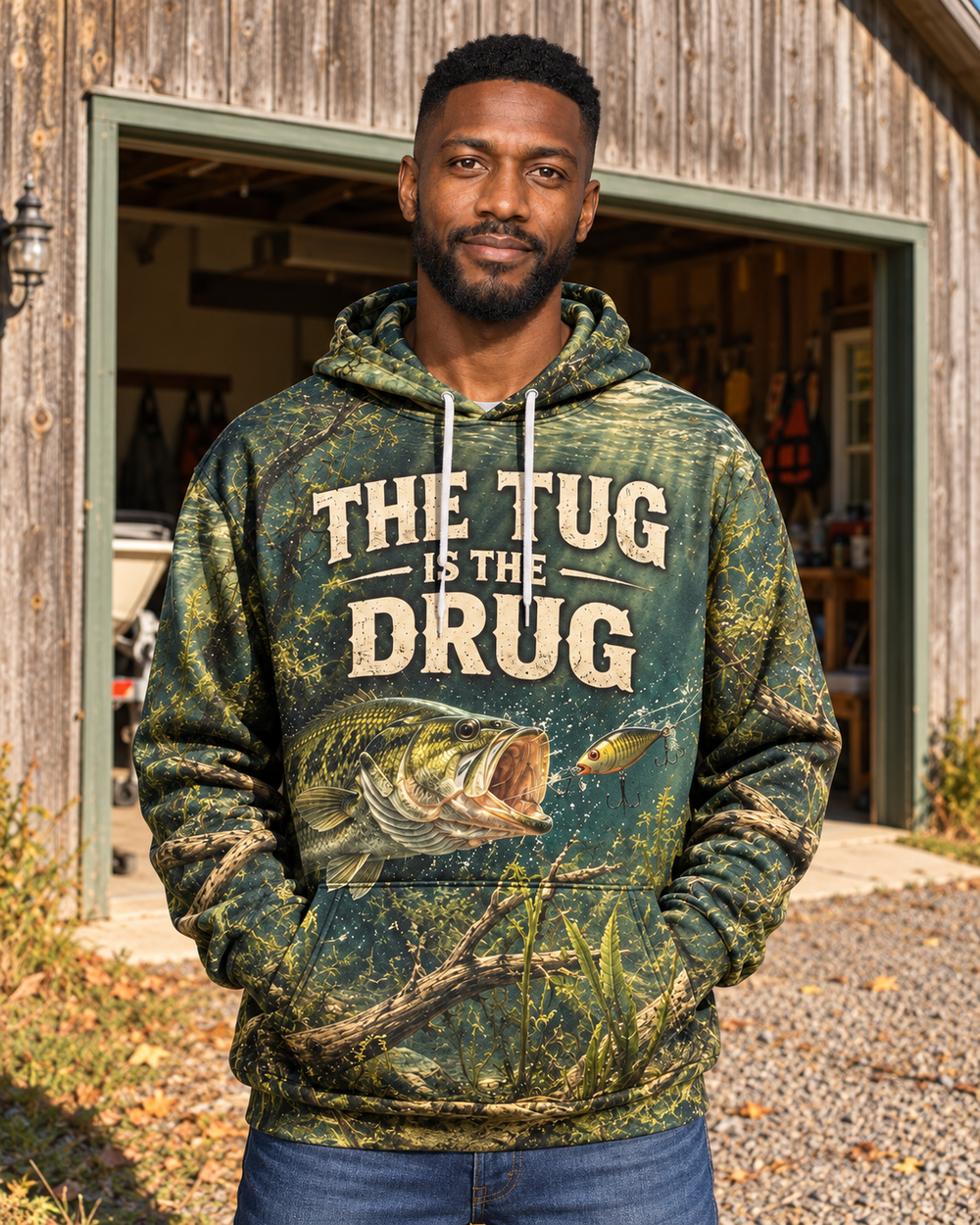 The Tug Is The Drug — Underwater Bass All-Over Print Hoodie — model front