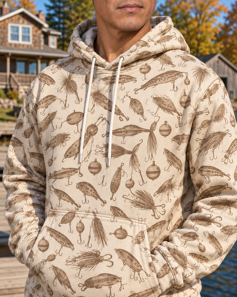 Vintage Lures All-Over Print Hoodie — model back close-up
