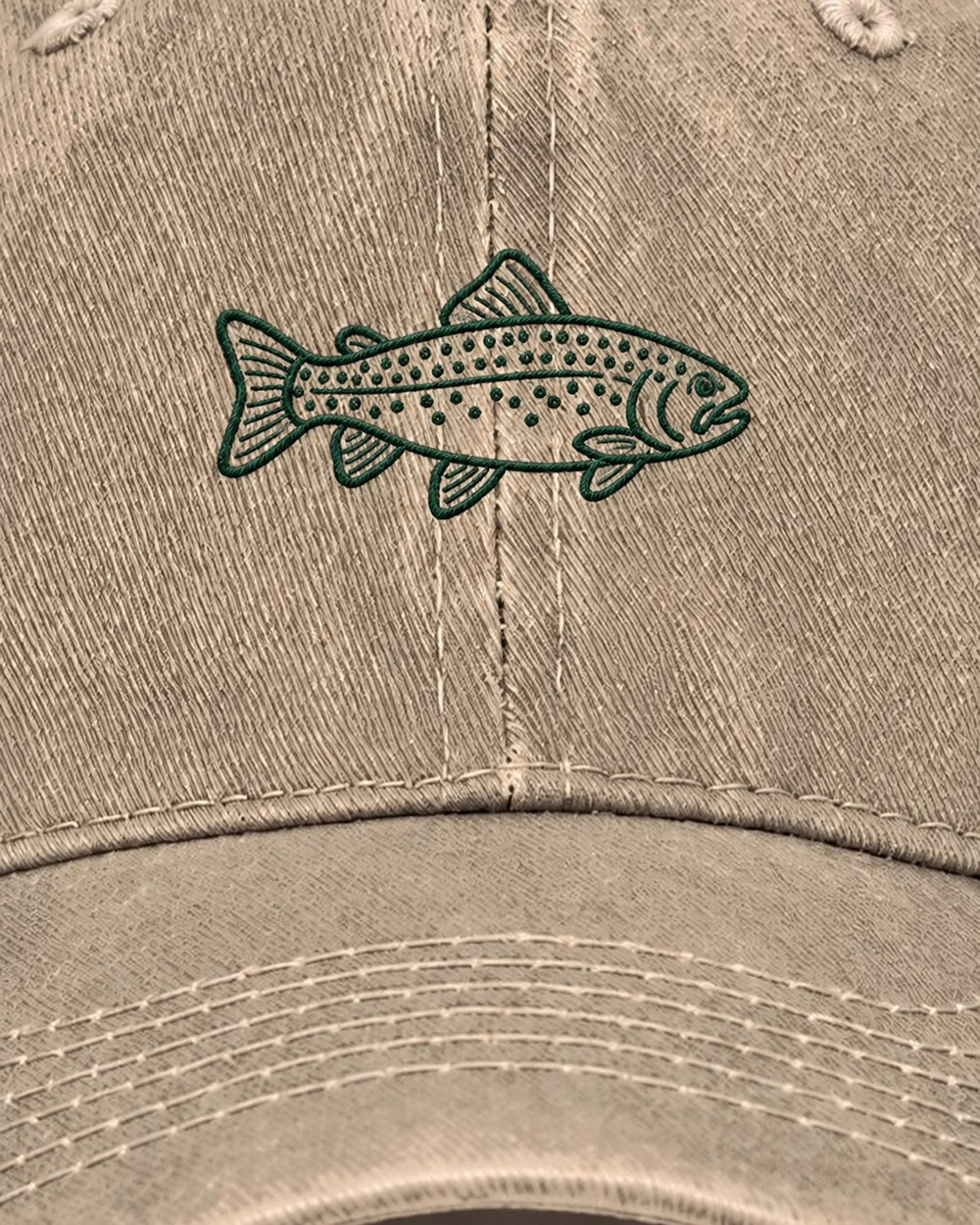 Rainbow Trout Embroidered Hat — Beige — embroidery close-up