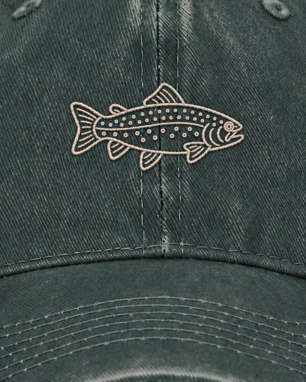 Rainbow Trout Embroidered Hat — Moss Green — embroidery close-up