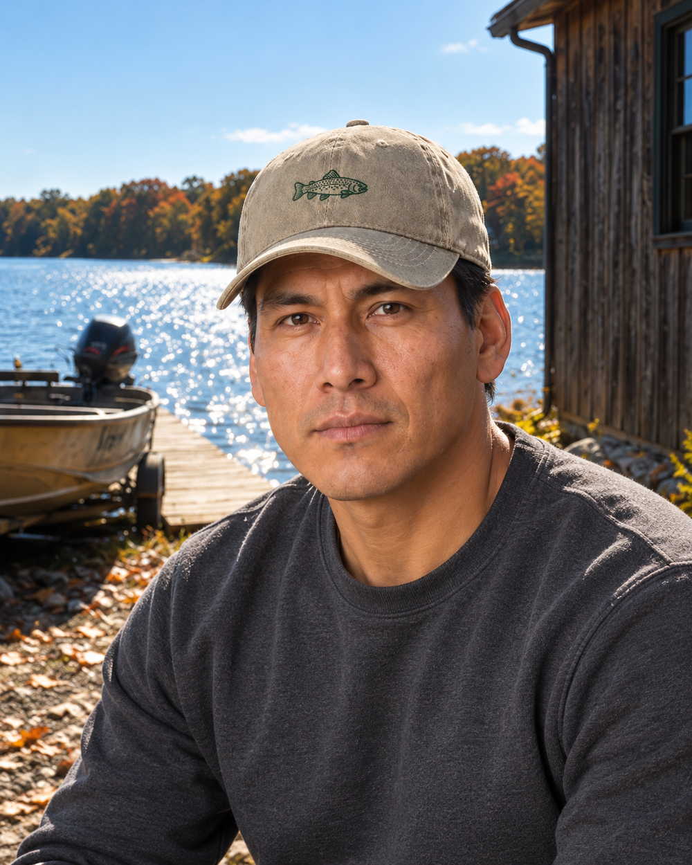Rainbow Trout Embroidered Hat — Beige — worn