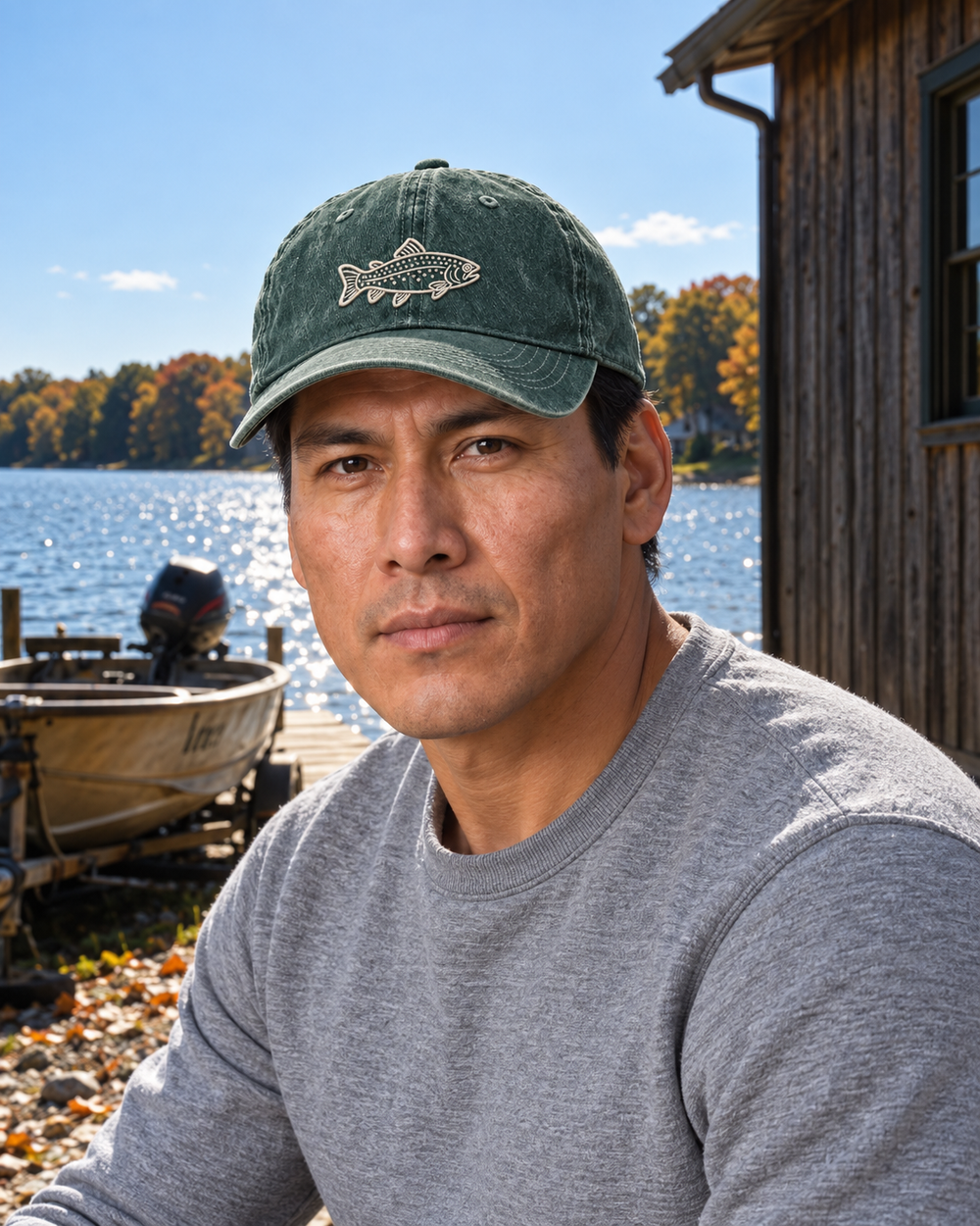 Rainbow Trout Embroidered Hat — Moss Green — worn