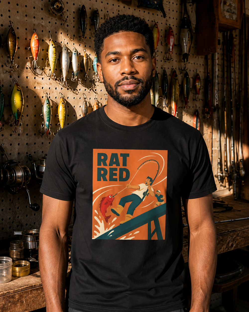 Rat Red tee — black, worn, front