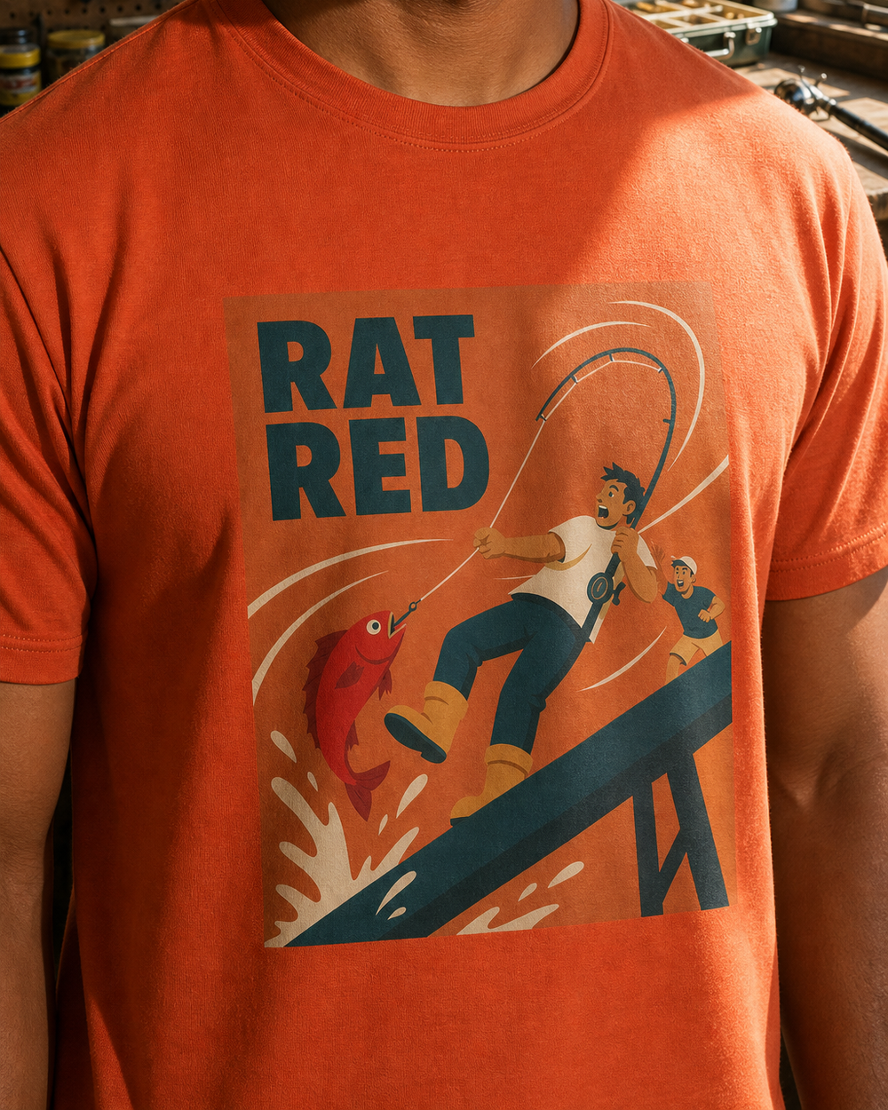 Rat Red tee — worn, side