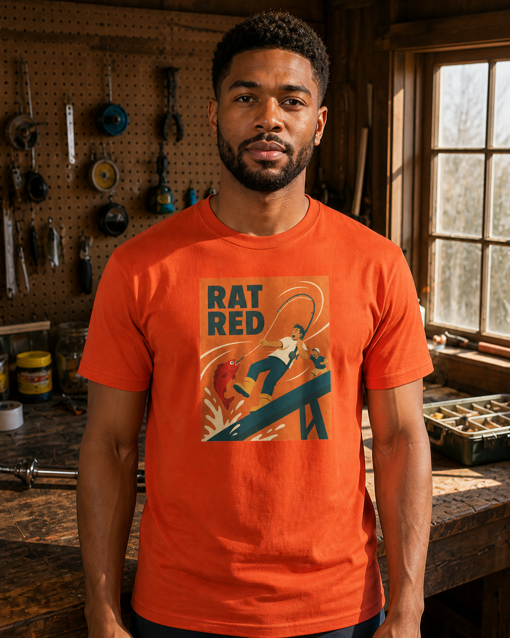 Rat Red tee — worn, front