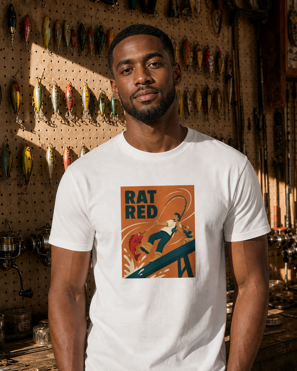 Rat Red tee — worn, front