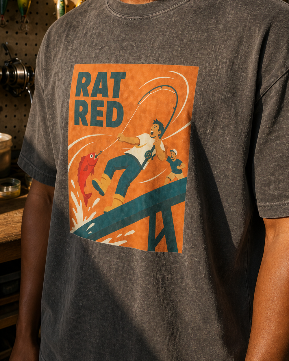 Rat Red washed tee — washed black, worn, side
