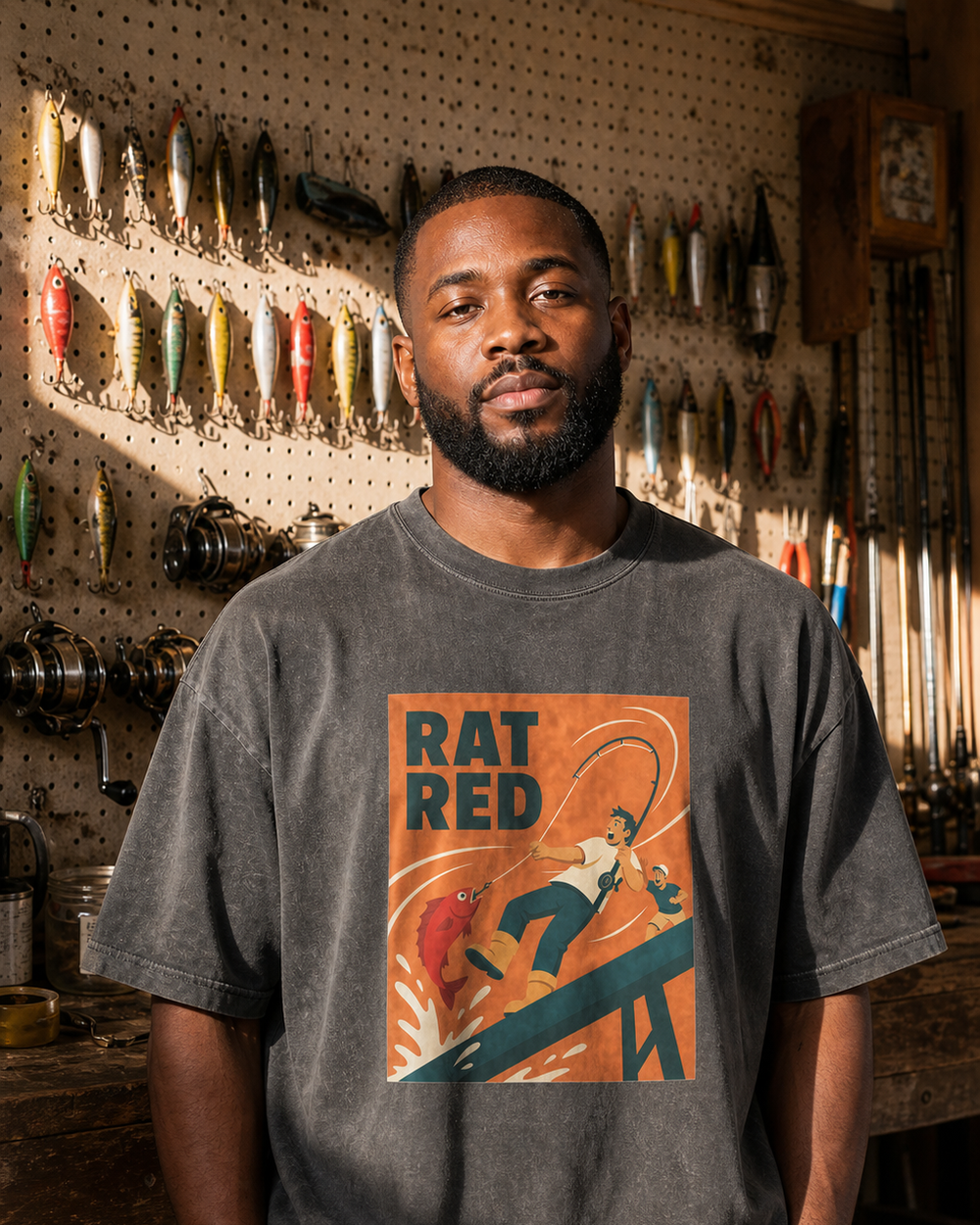 Rat Red washed tee — washed black, worn, front