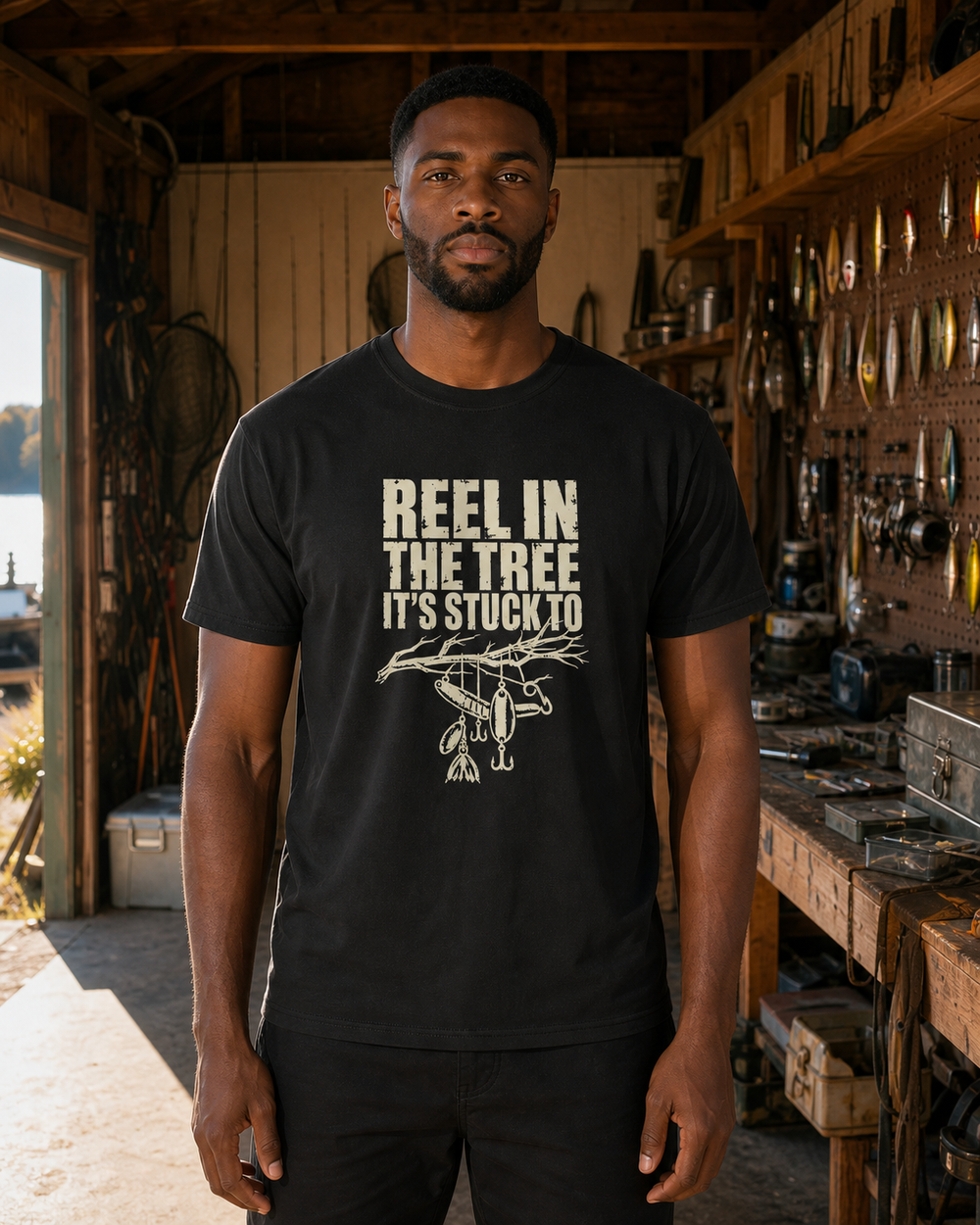 Reel In the Tree It's Stuck To tee — black, worn, front