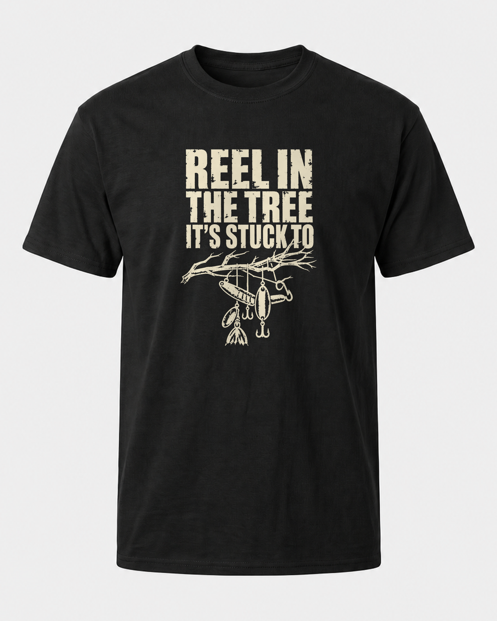 Reel In the Tree It's Stuck To tee — black, front