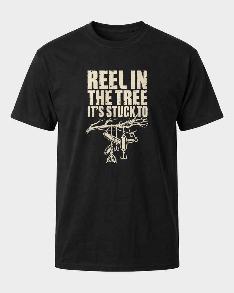 Reel In the Tree It's Stuck To tee — black, front