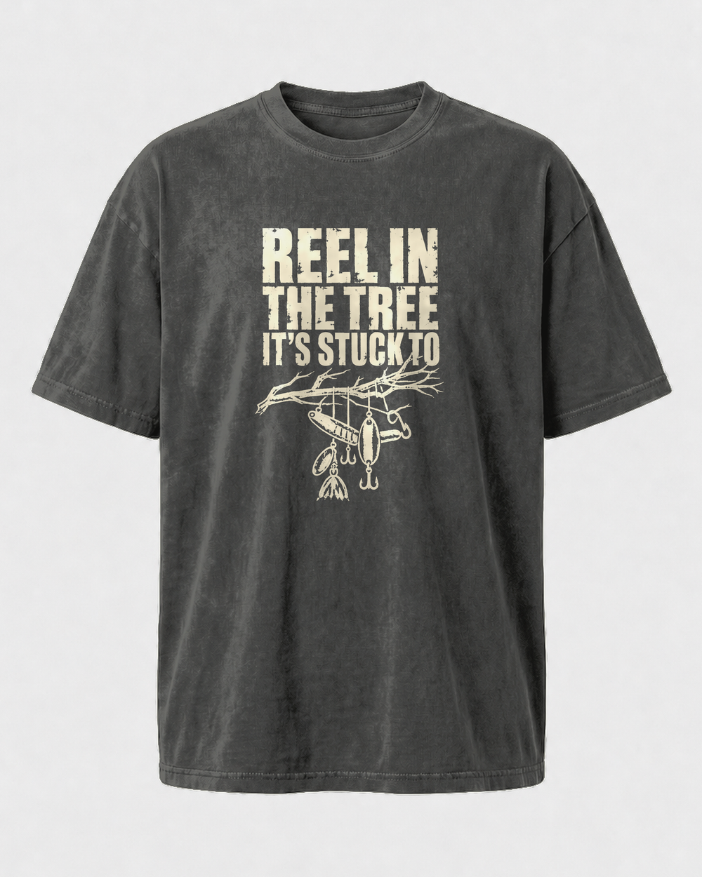 Reel In the Tree It's Stuck To washed tee — washed black, front