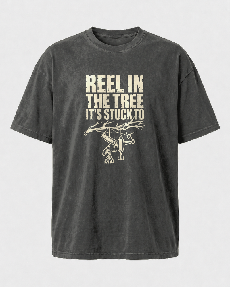 Reel In the Tree It's Stuck To washed tee — washed black, front