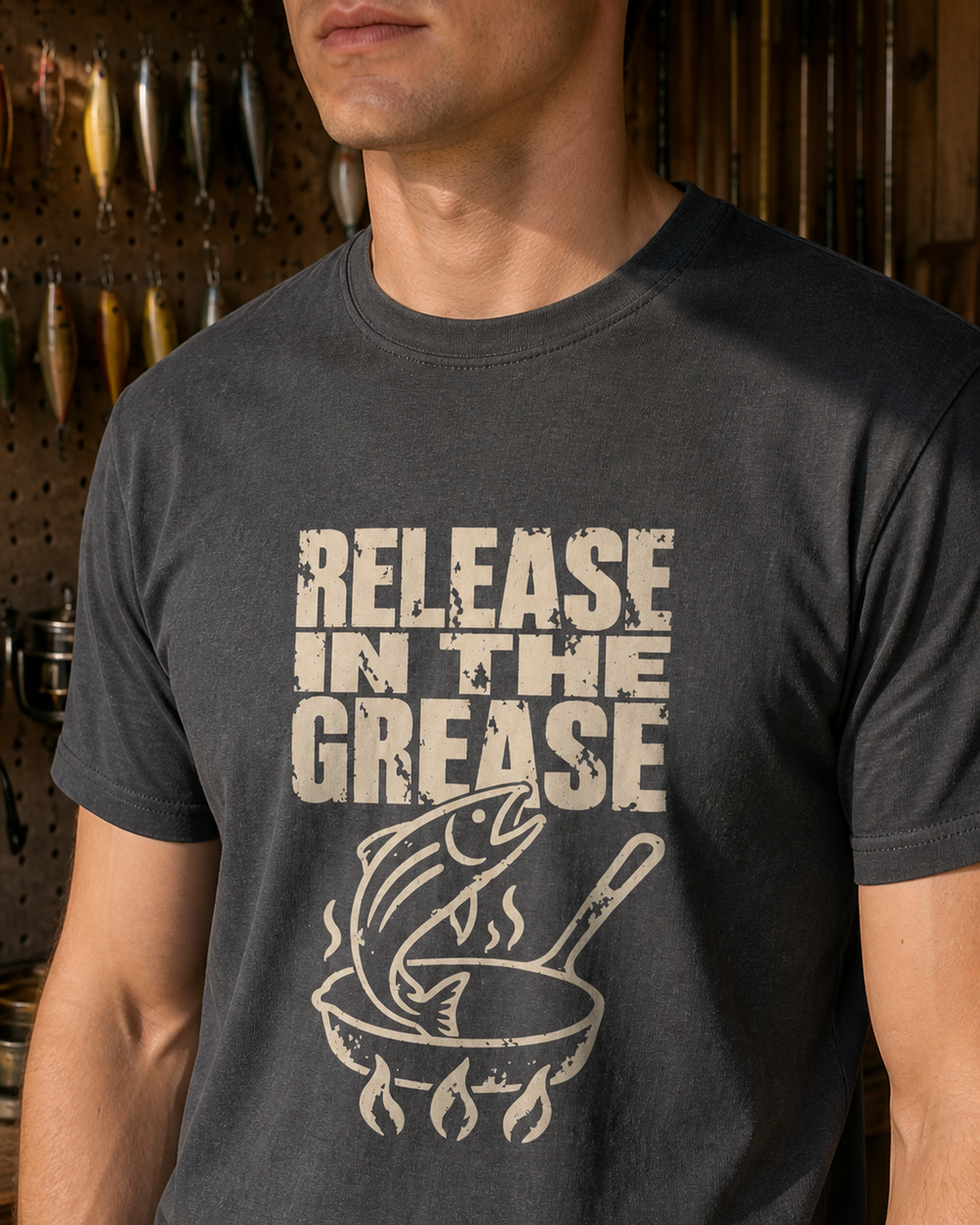 Release in the Grease tee — charcoal, worn, side