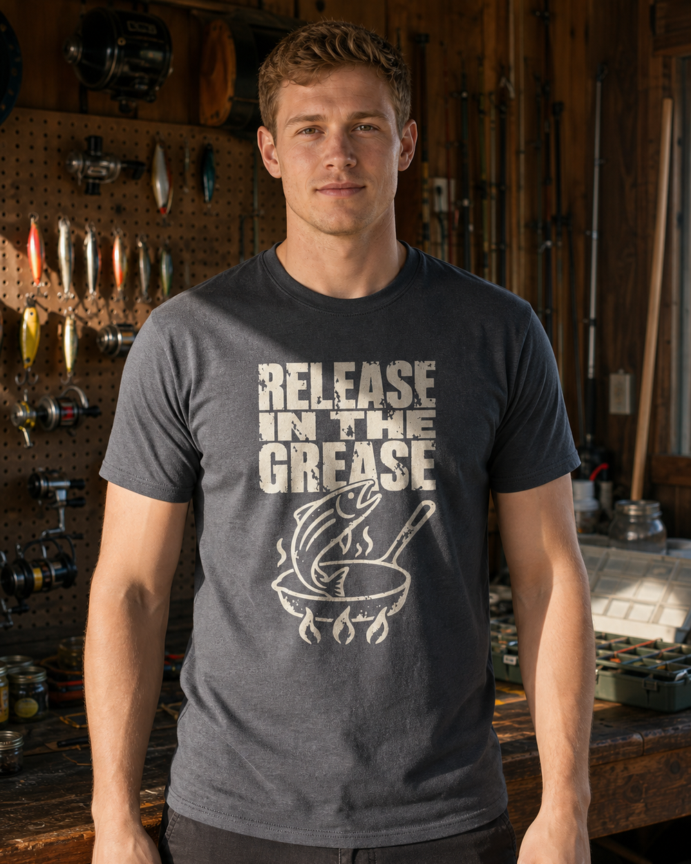 Release in the Grease tee — charcoal, worn, front