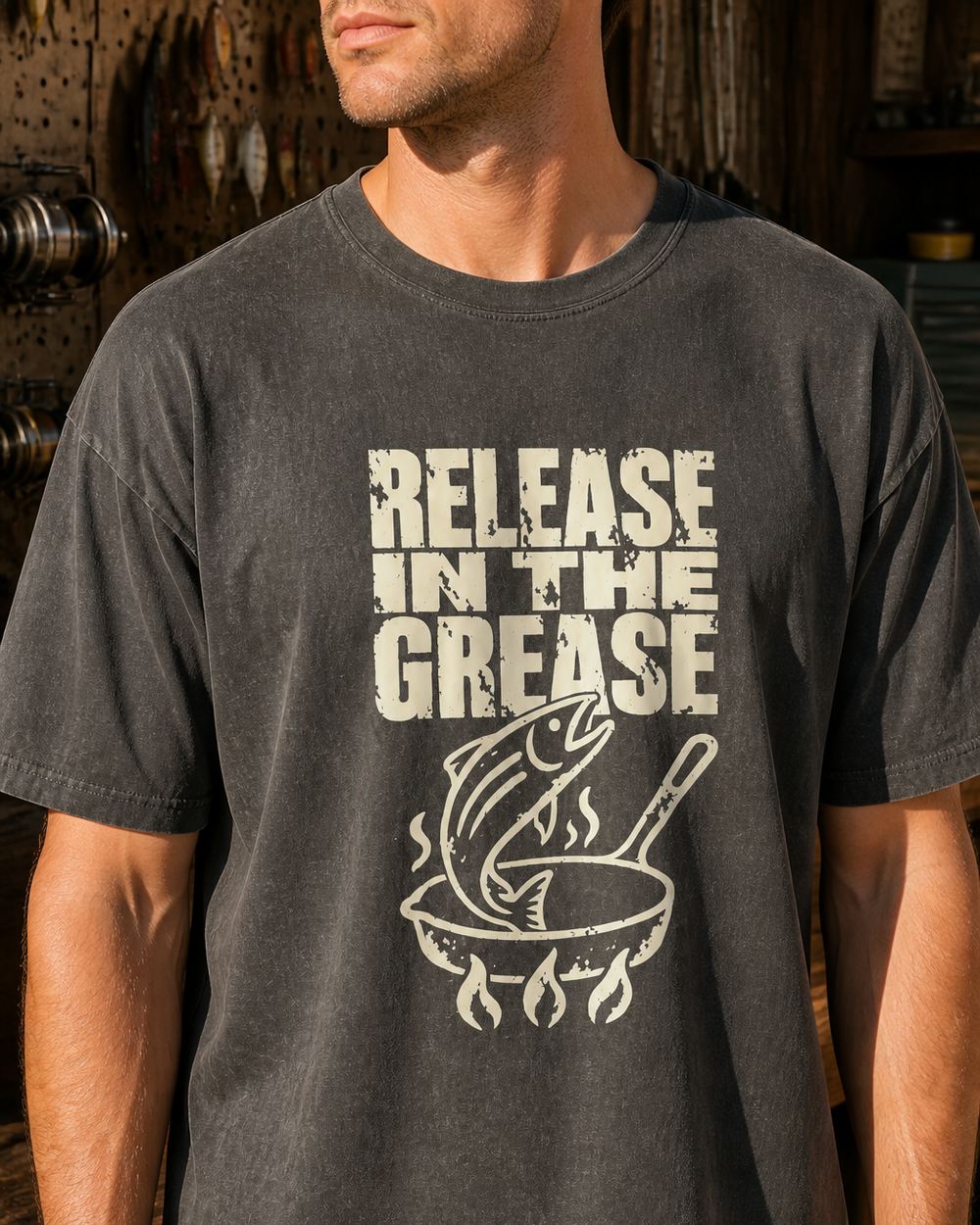 Release in the Grease washed tee — washed black, worn, side