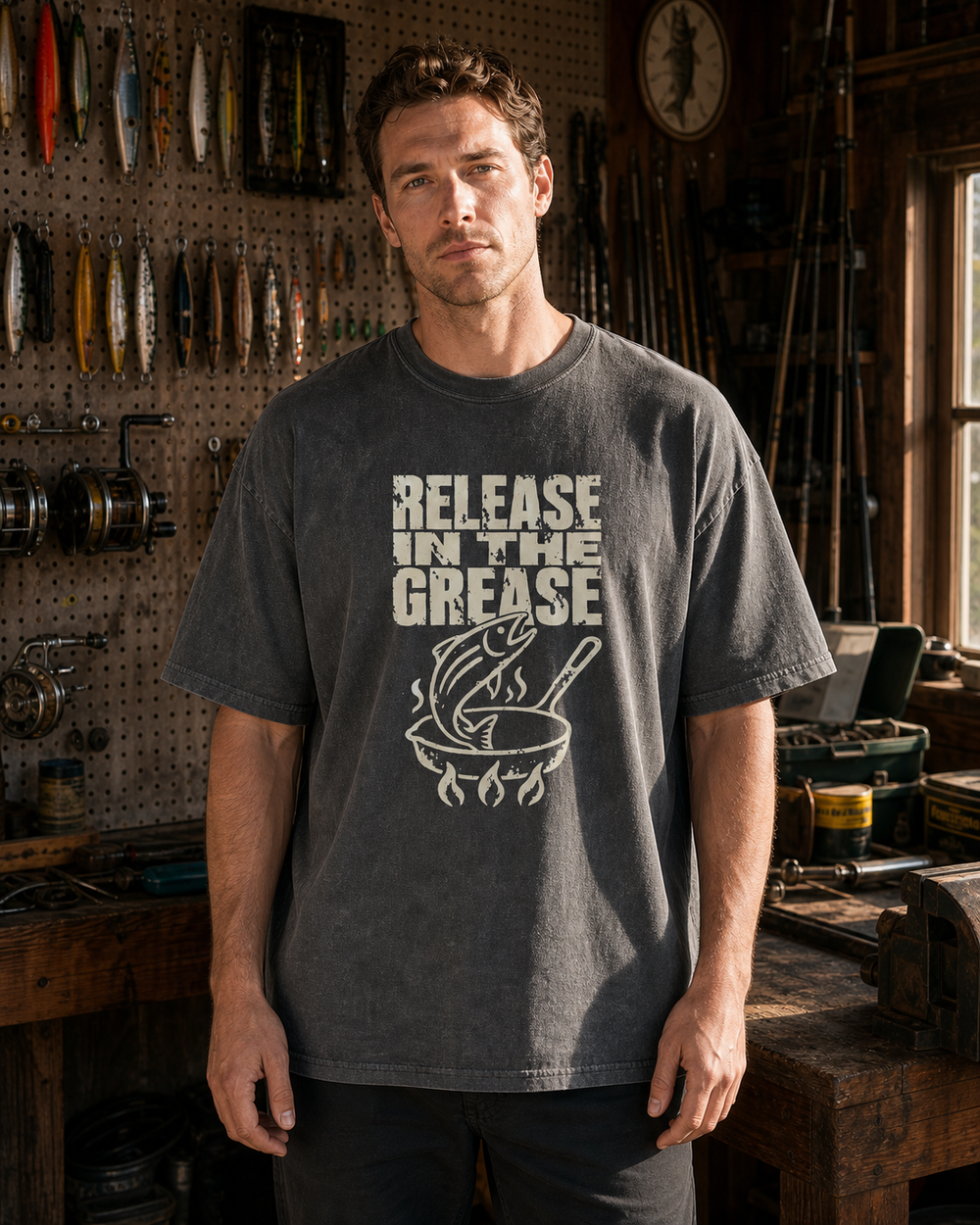 Release in the Grease washed tee — washed black, worn, front