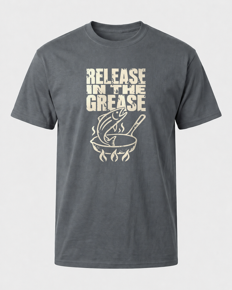 Release in the Grease tee — charcoal, front