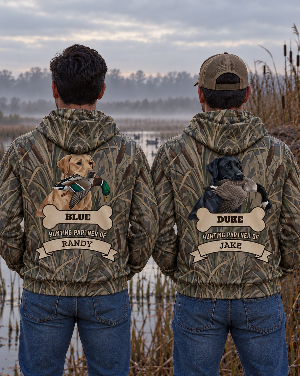 Retriever Hunting Partner Custom All-Over Print Hoodie — two people, back