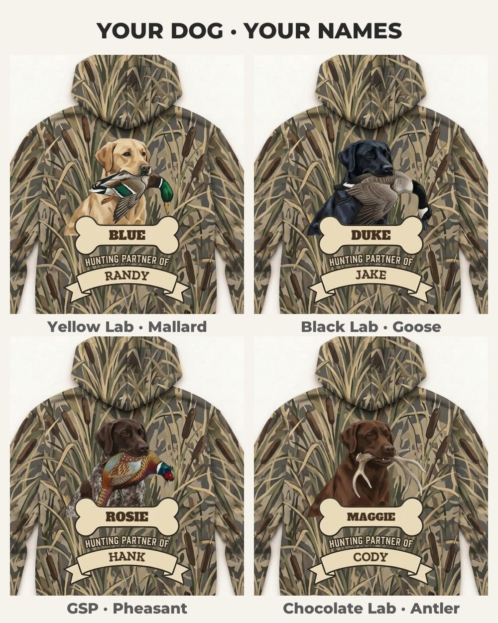 Retriever Hunting Partner Custom All-Over Print Hoodie — four versions