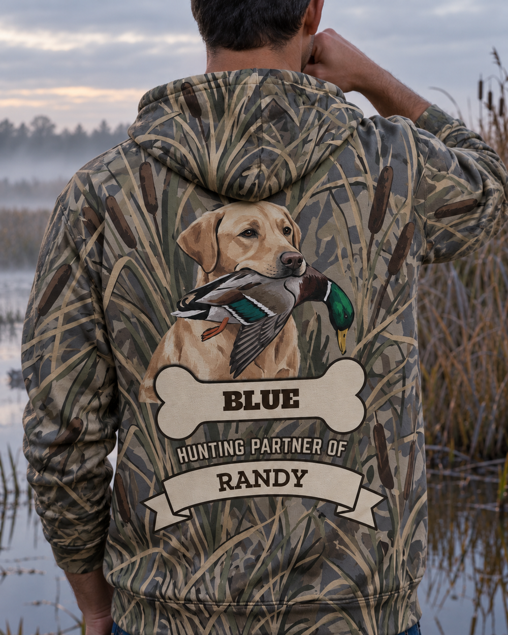 Retriever Hunting Partner Custom All-Over Print Hoodie — model back angle