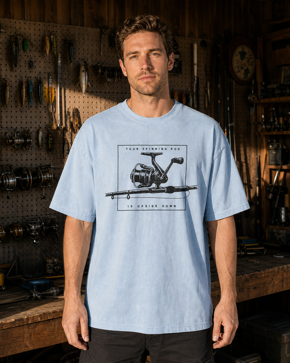 Rod Upside Down washed tee — washed light blue, worn, front