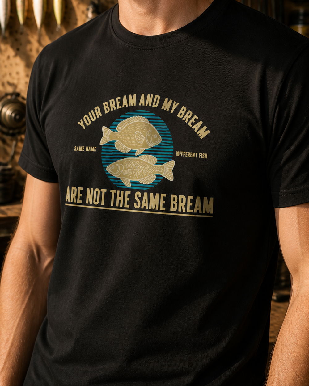Not The Same Bream tee — black, worn, side