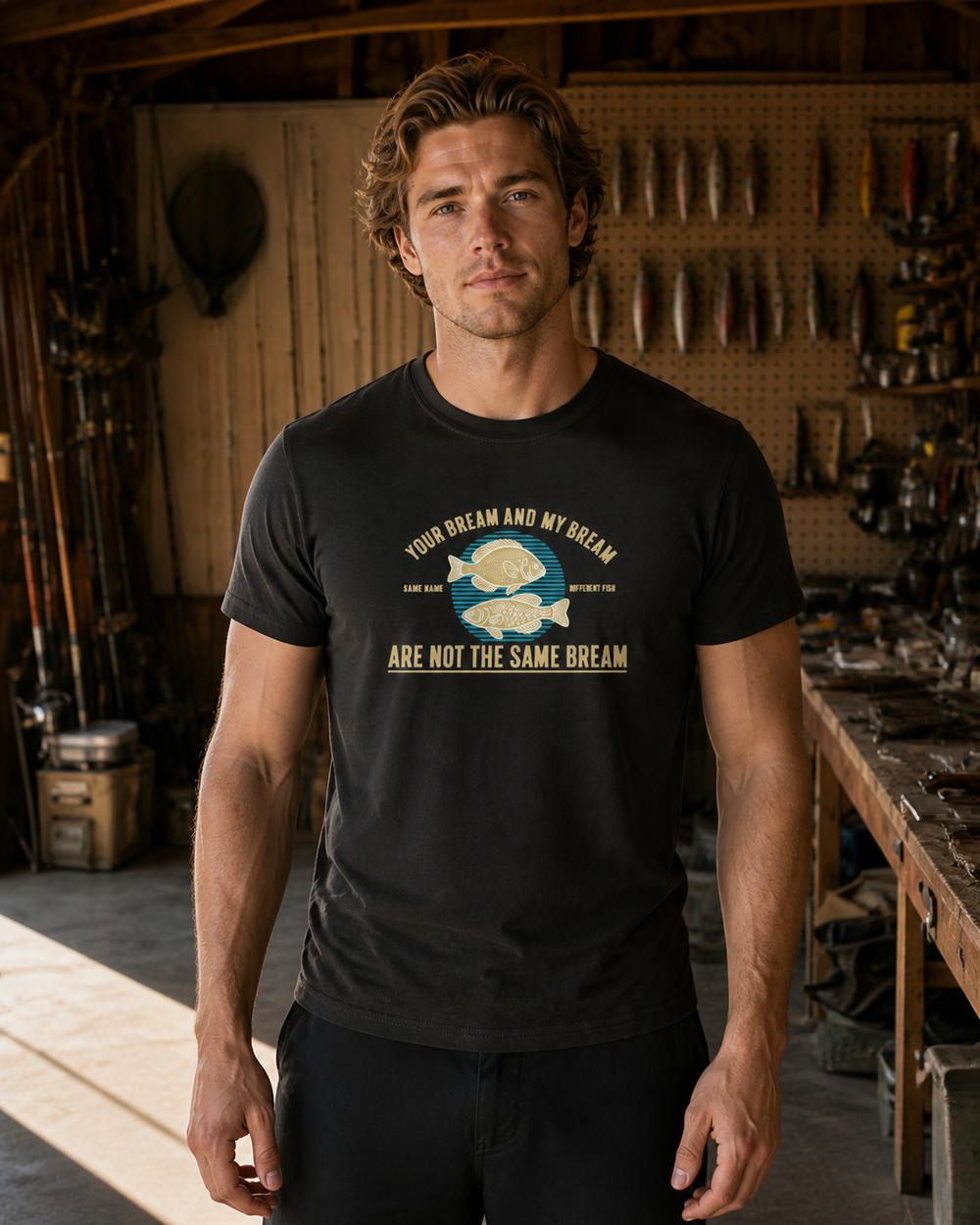 Not The Same Bream tee — black, worn, front