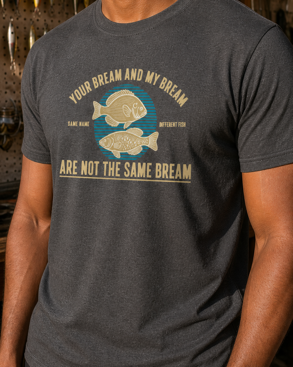 Not The Same Bream tee — dark heather, worn, side