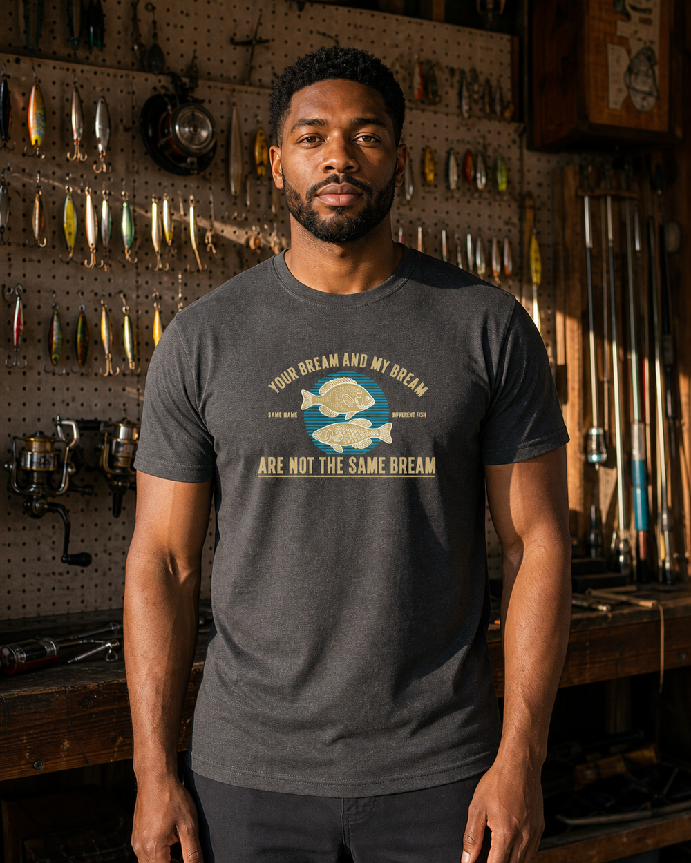 Not The Same Bream tee — dark heather, worn, front