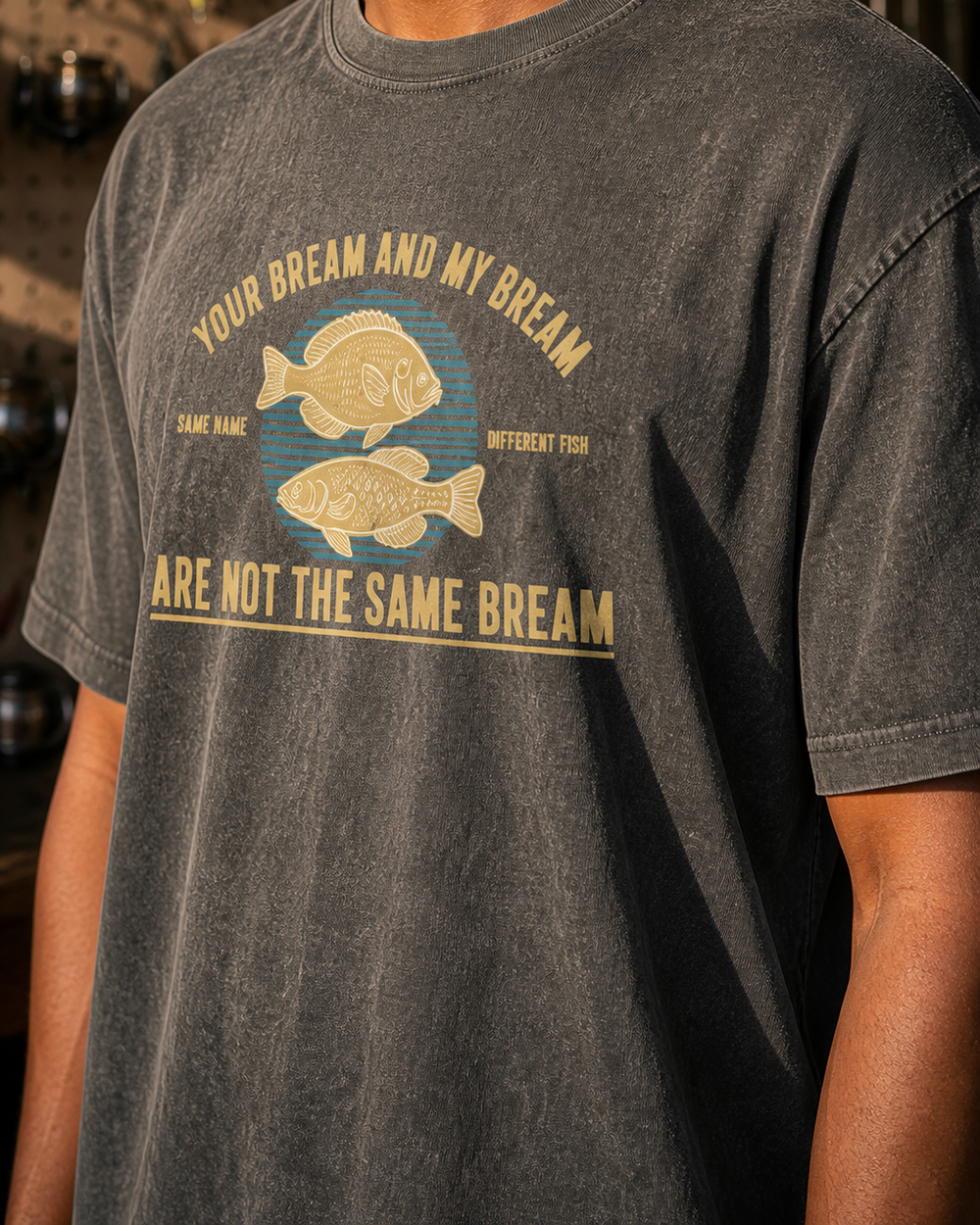 Not The Same Bream washed tee — washed black, worn, side