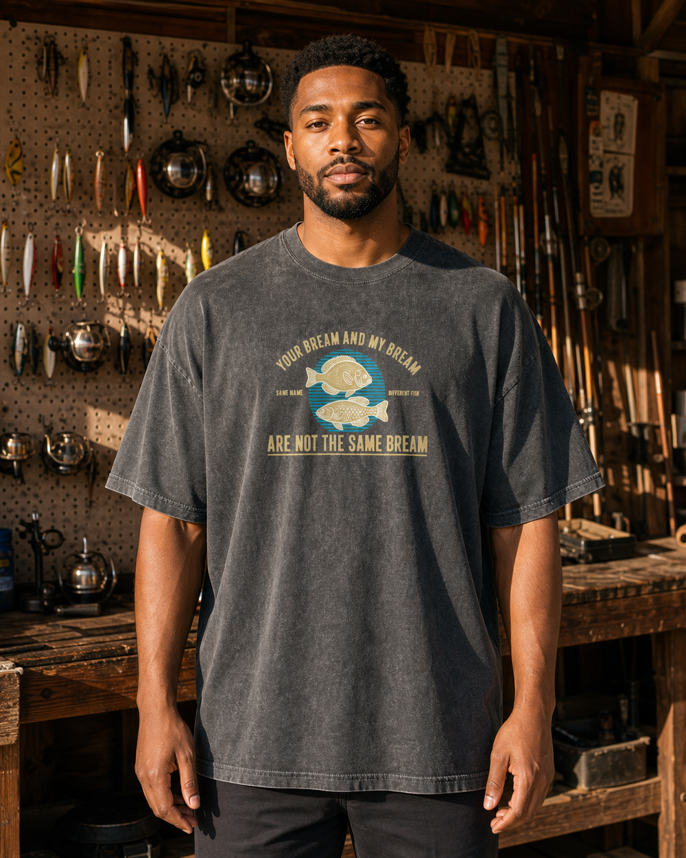 Not The Same Bream washed tee — washed black, worn, front