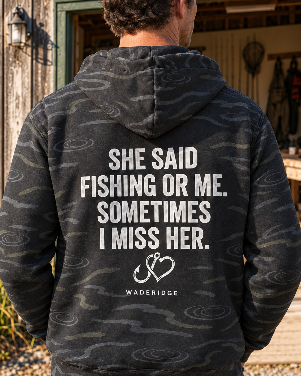 She Said Fishing Or Me Hook Heart All-Over Print Hoodie — model back angle