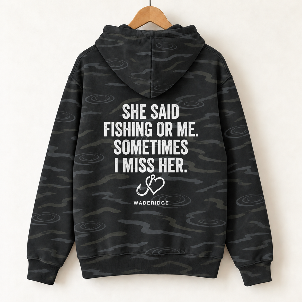 She Said Fishing Or Me Hook Heart All-Over Print Hoodie — on a hanger, back