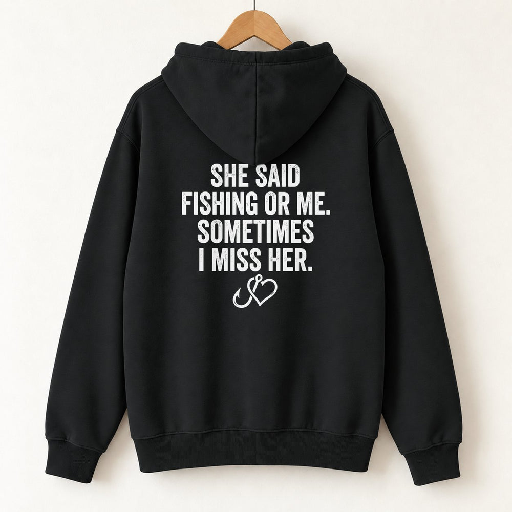 She Said Fishing Or Me Hook Heart Hoodie — Black — back print