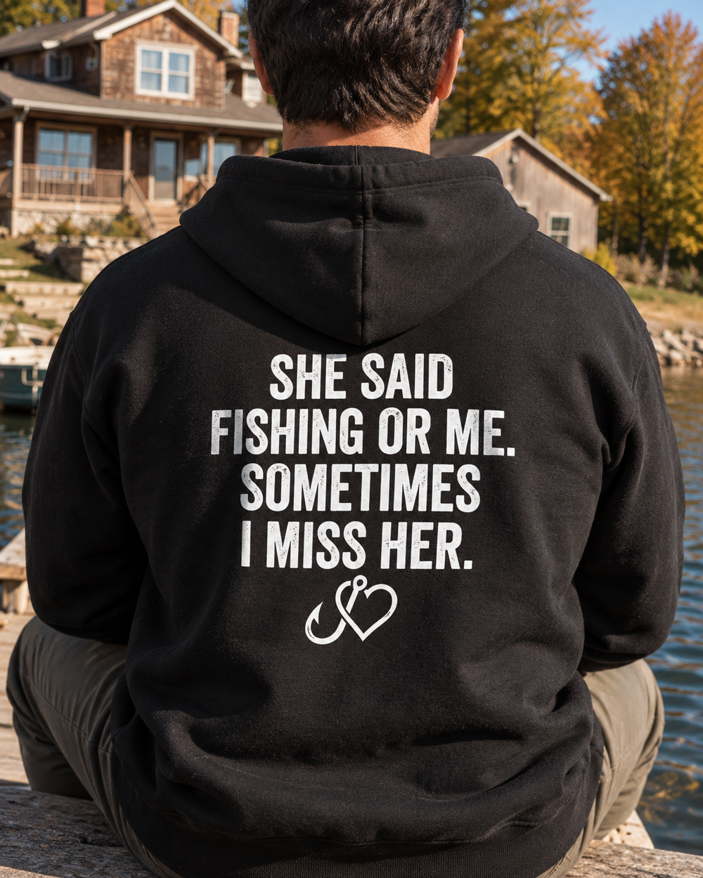 She Said Fishing Or Me Hook Heart Hoodie — Black — model back close-up