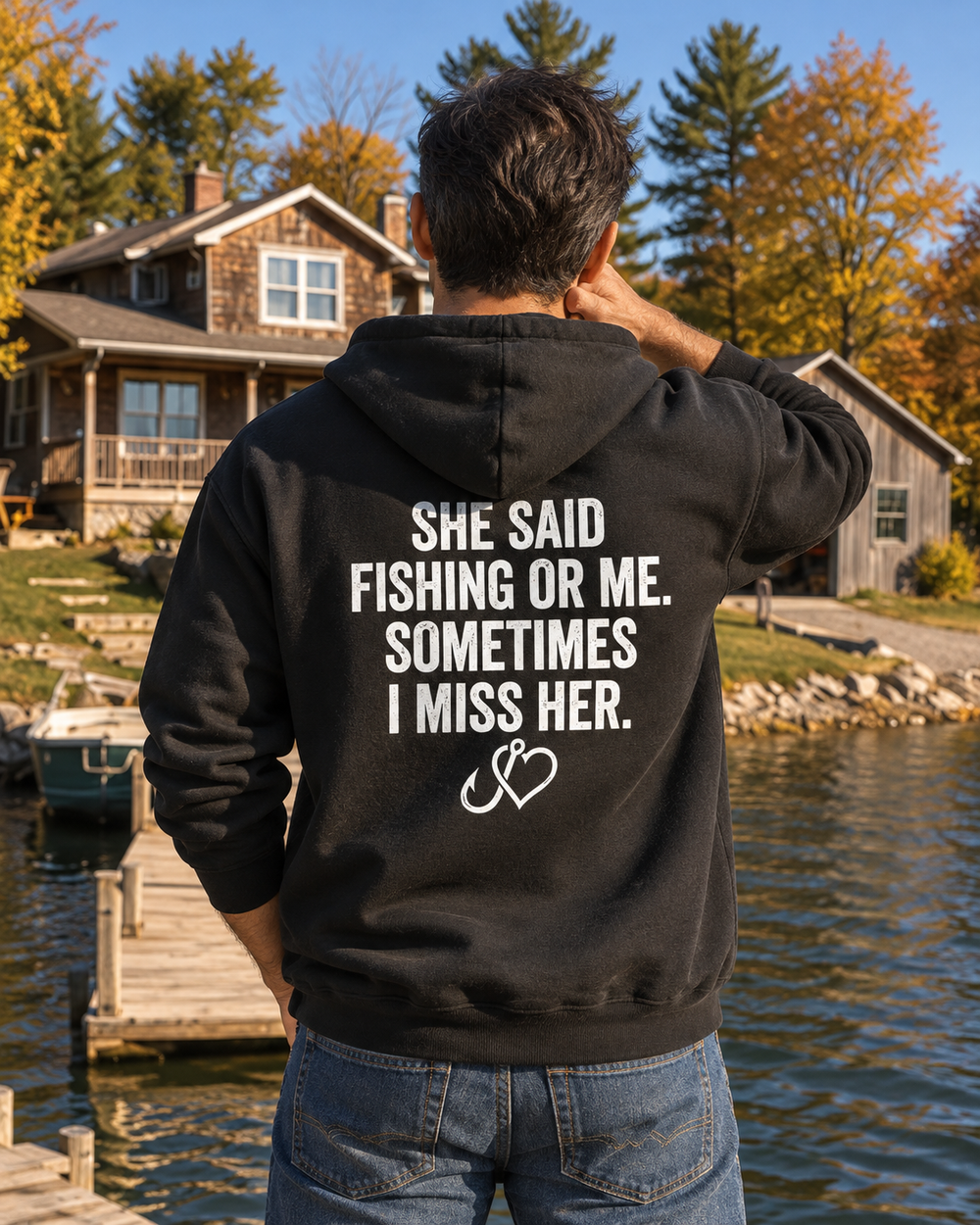She Said Fishing Or Me Hook Heart Hoodie — Black — model back