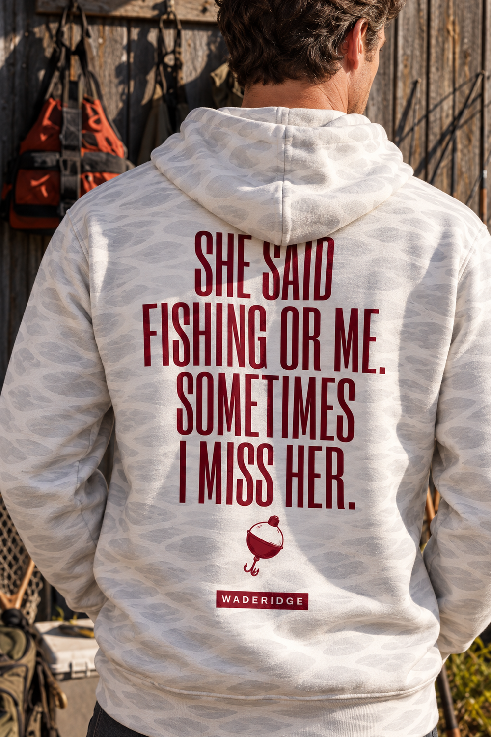 She Said Fishing Or Me Red Bobber All-Over Print Hoodie — model back angle