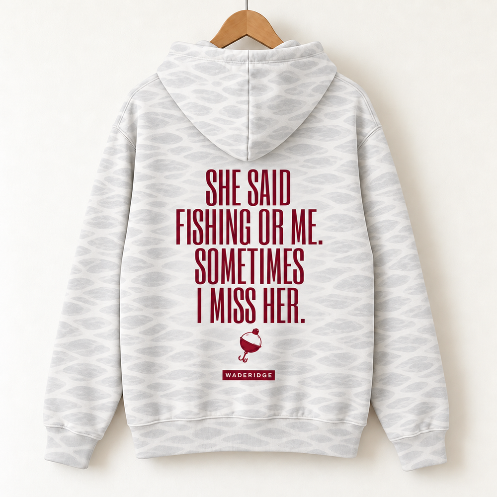 She Said Fishing Or Me Red Bobber All-Over Print Hoodie — on a hanger, back