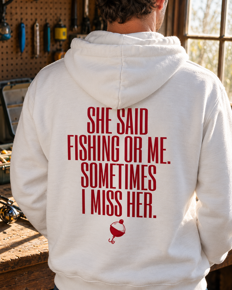 She Said Fishing Or Me Red Bobber Hoodie — White — model back close-up