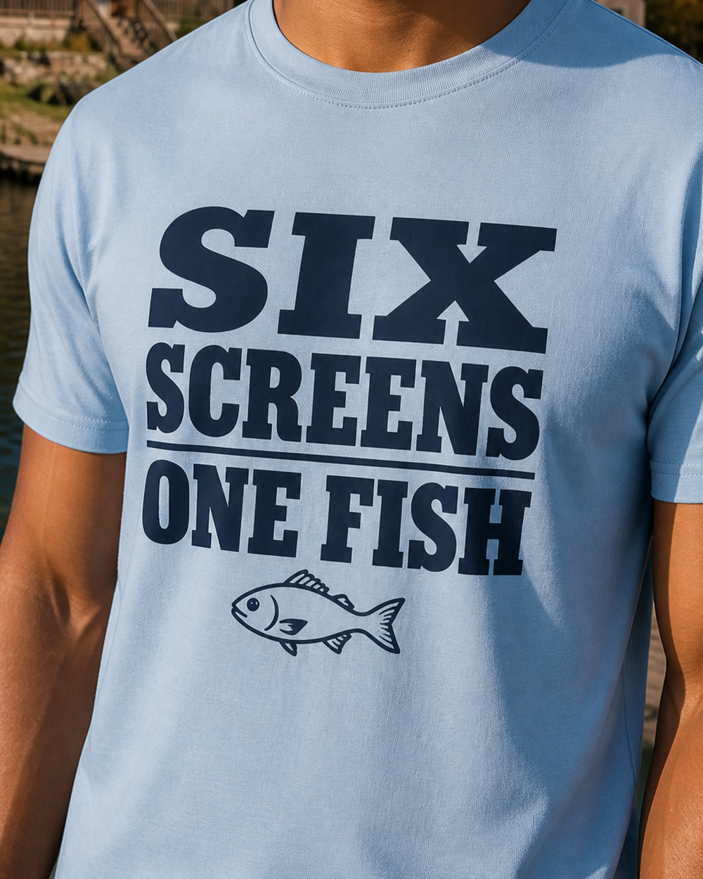 Six Screens One Fish — Poster Print tee — light blue, worn, side