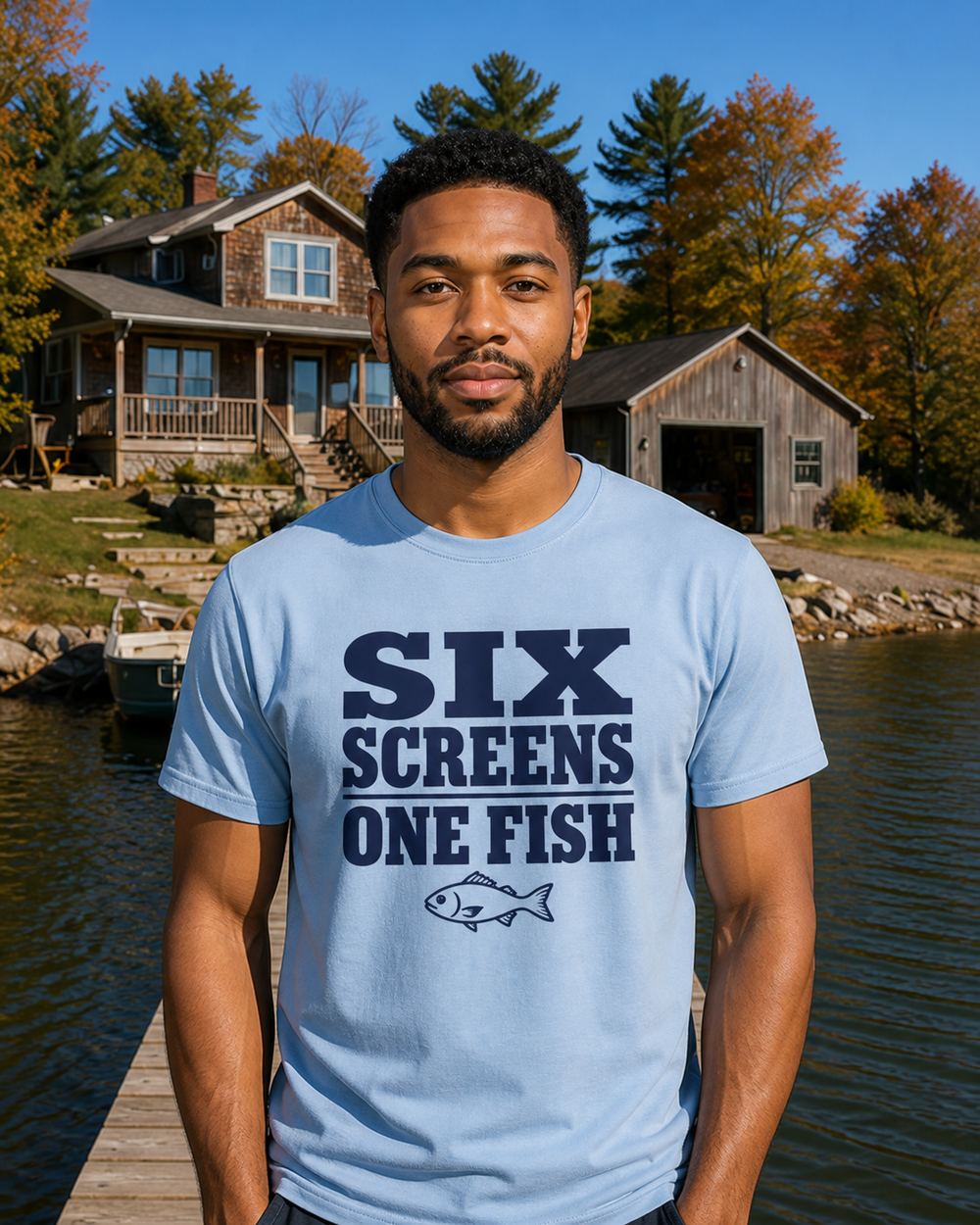 Six Screens One Fish — Poster Print tee — light blue, worn, front