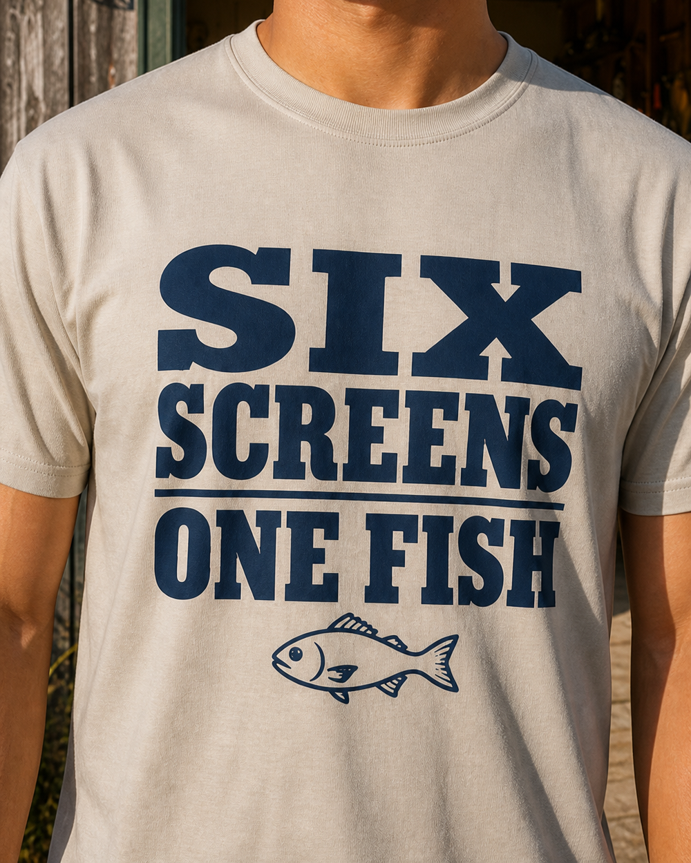 Six Screens One Fish — Poster Print tee — sand, worn, side