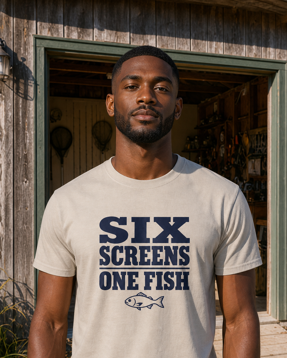 Six Screens One Fish — Poster Print tee — sand, worn, front
