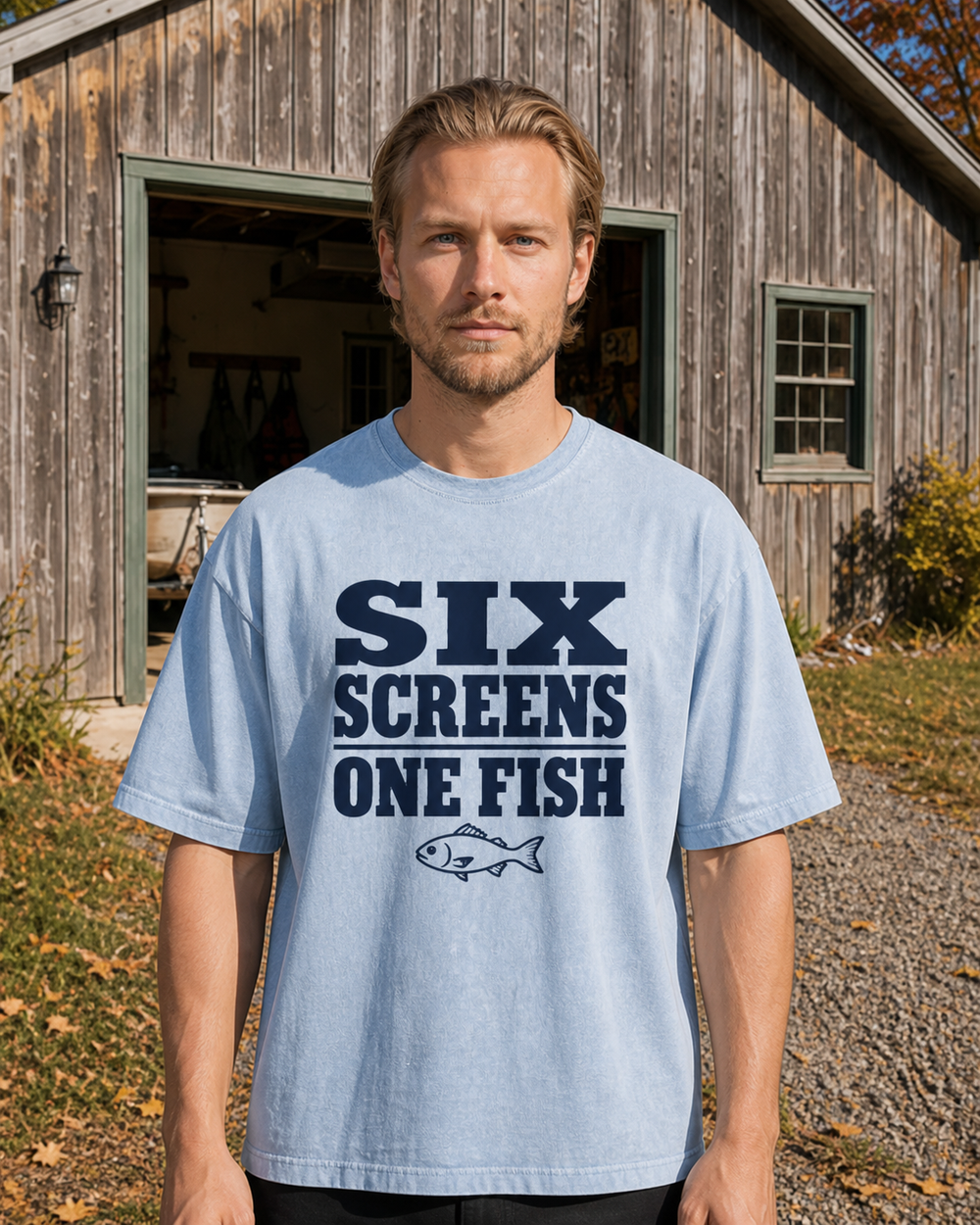 Six Screens One Fish — Poster Print washed tee — washed light blue, worn, front