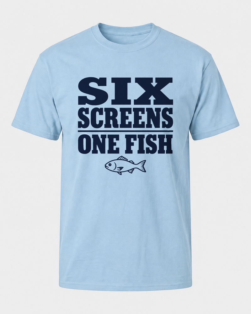 Six Screens One Fish — Poster Print tee — light blue, front