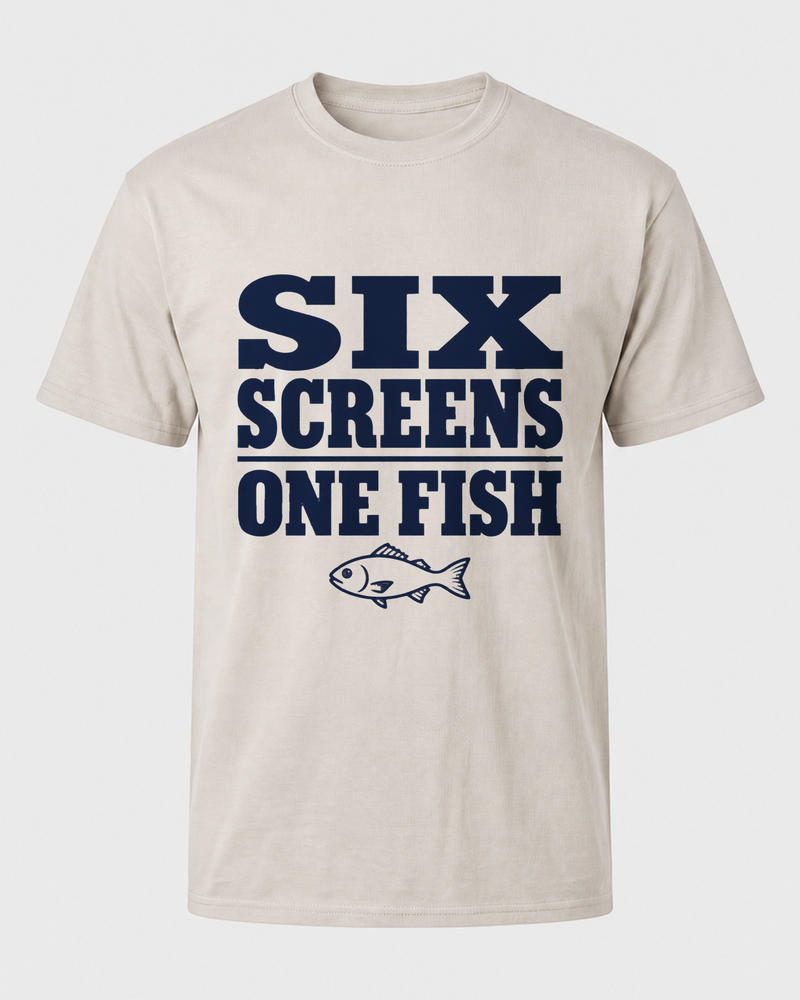 Six Screens One Fish — Poster Print tee — sand, front