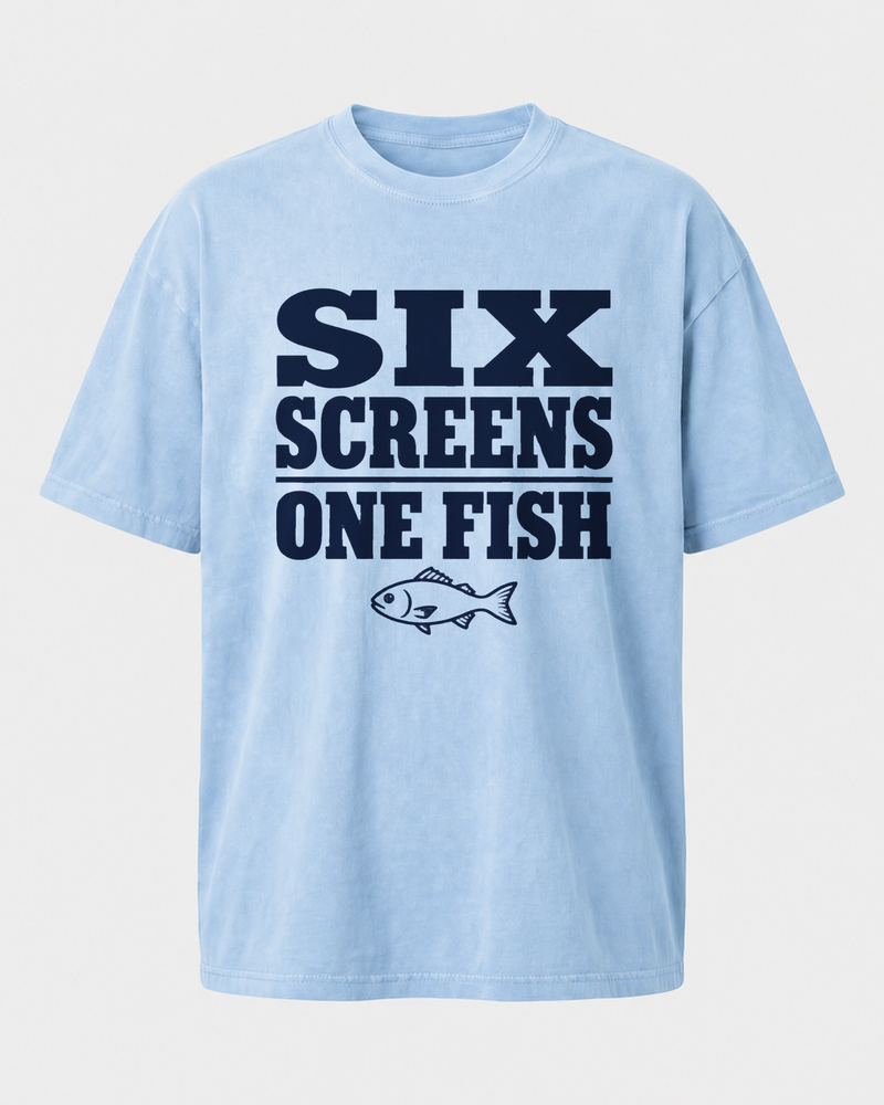 Six Screens One Fish — Poster Print washed tee — washed light blue, front