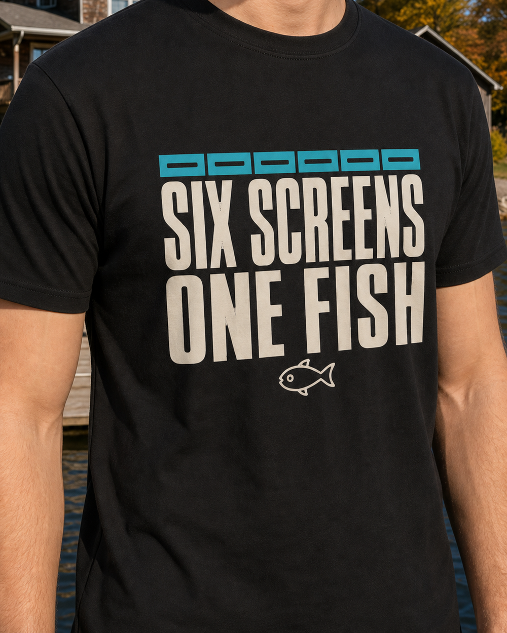 Six Screens One Fish tee — black, worn, side